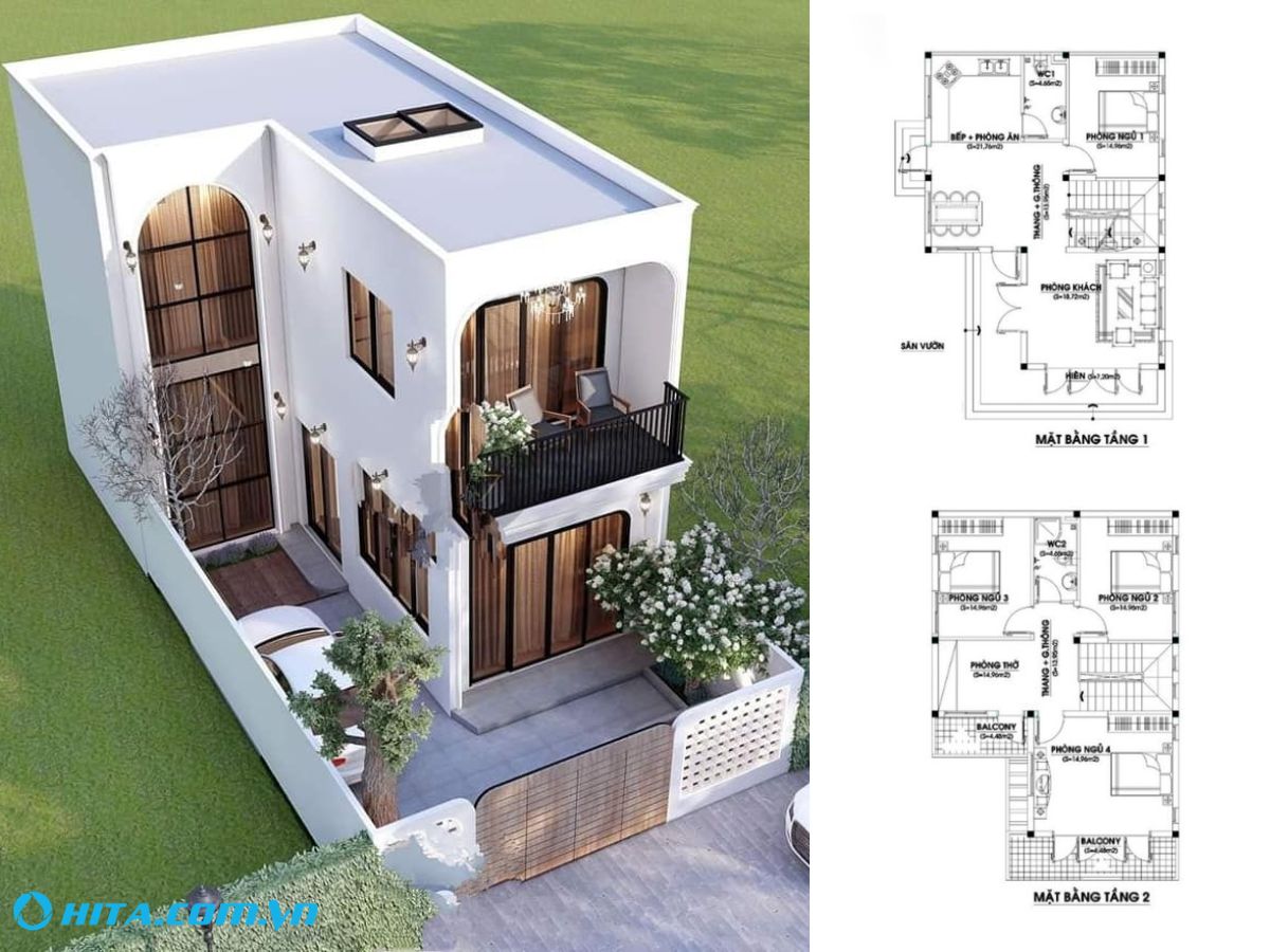 Bản vẽ thiết kế nh&agrave; chữ L 2 tầng với đầy đủ tiện nghi