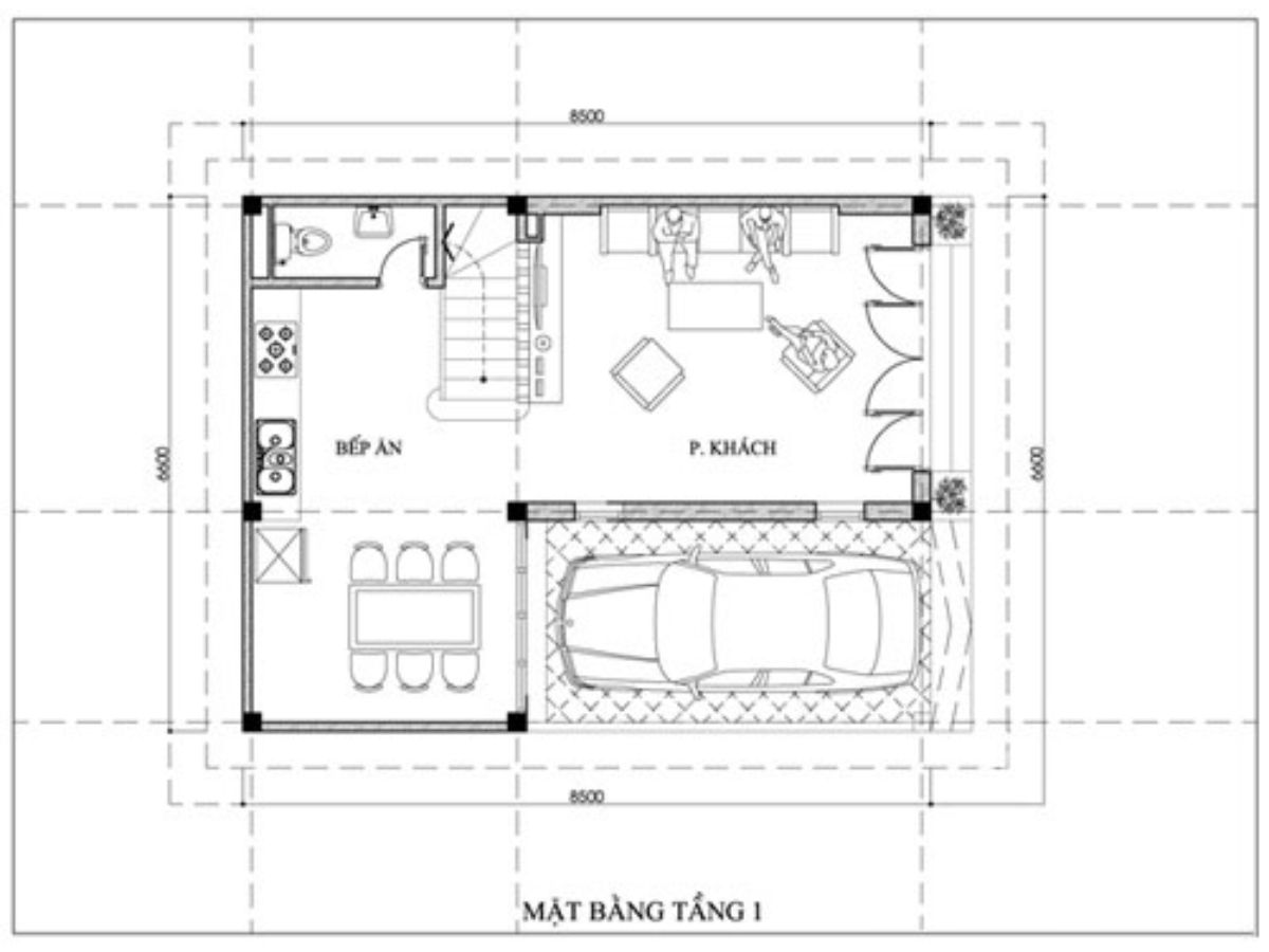 Bản vẽ bố tr&iacute; tầng 1 của nh&agrave; chữ L 2 tầng gồm c&aacute;c khu vực sinh hoạt chung như ph&ograve;ng kh&aacute;ch, ph&ograve;ng bếp c&ugrave;ng gara