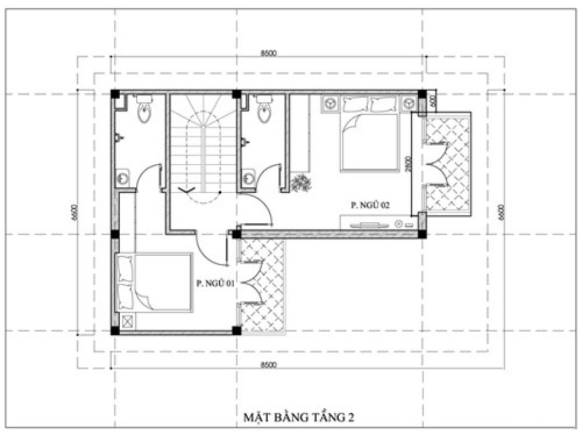 Bản vẽ mặt bằng tầng 2 nh&agrave; chữ L 2 tầng với 2 ph&ograve;ng ngủ v&agrave; 2 nh&agrave; vệ sinh
