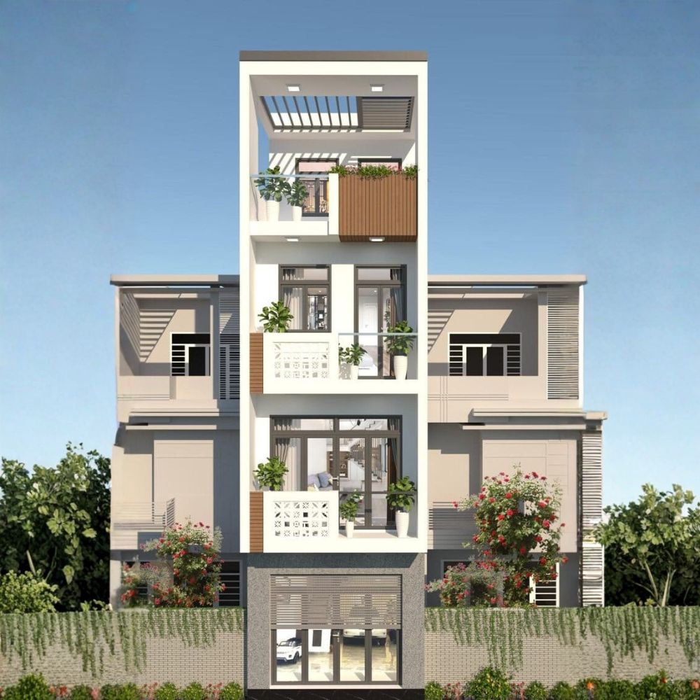 Nh&agrave; 4 tầng hiện đại kết hợp cửa sổ lớn, lam che nắng v&agrave; h&agrave;ng c&acirc;y xanh tạo điểm nhấn