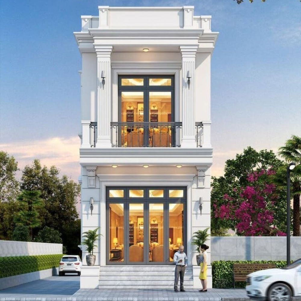Thiết kế nh&agrave; phong c&aacute;ch t&acirc;n cổ điển với với đường ph&agrave;o nhẹ nh&agrave;ng kết hợp cửa k&iacute;nh lớn hiện đại
