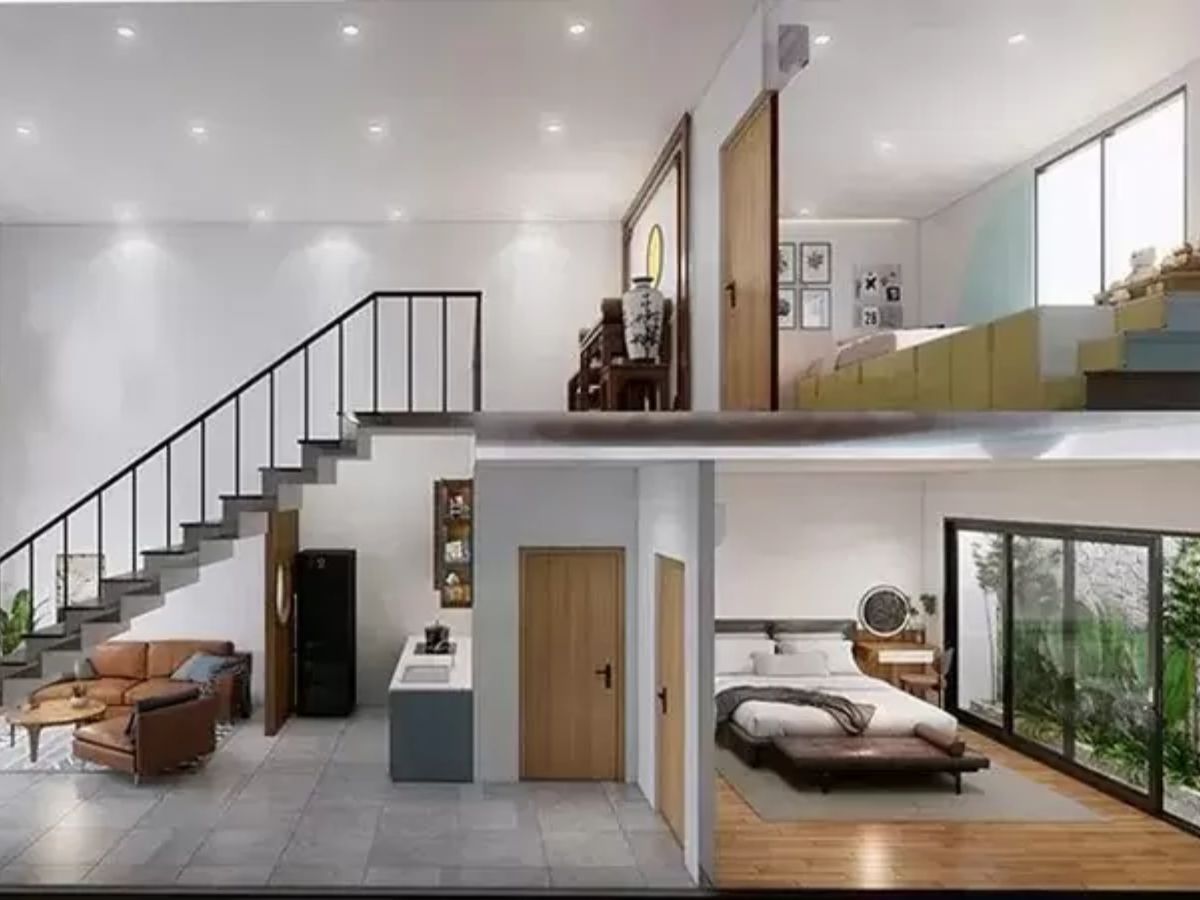 Mẫu nh&agrave; g&aacute;c lửng h&igrave;nh chữ L đẹp 2