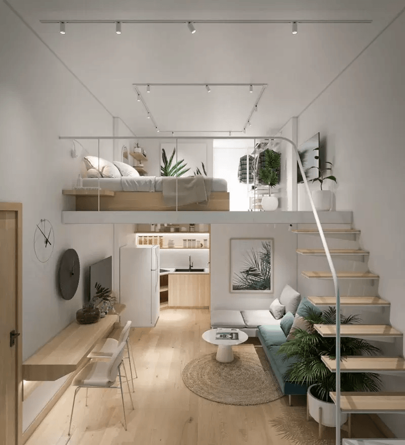 D&ugrave;ng tầng trệt để bố tr&iacute; ph&ograve;ng kh&aacute;ch v&agrave; bếp, c&ograve;n g&aacute;c lửng l&agrave;m ph&ograve;ng ngủ