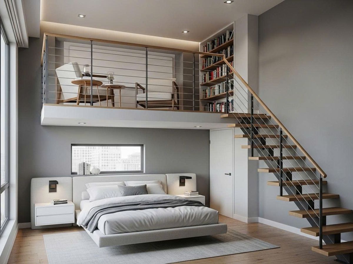 Thiết kế tầng g&aacute;c lửng để đọc s&aacute;ch ngay tr&ecirc;n kh&ocirc;ng gian ngủ