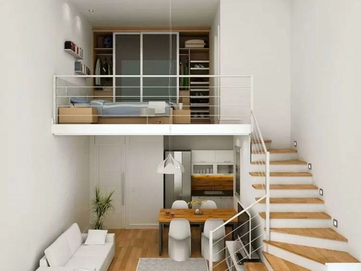 Bố tr&iacute; kh&ocirc;ng gian mở b&ecirc;n trong nh&agrave; g&aacute;c lửng phong c&aacute;ch hiện đại