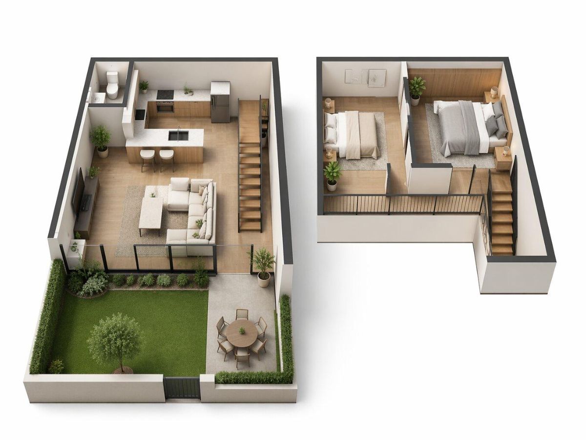 Gợi &yacute; bố tr&iacute; nh&agrave; ống g&aacute;c lửng 5x12m