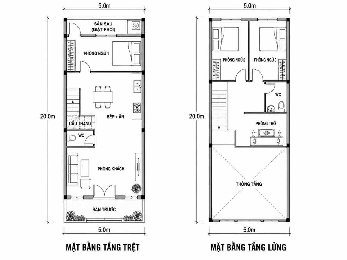 Bản vẽ bố tr&iacute; nh&agrave; ống 5x20m c&oacute; tầng tiện nghi, đầy đủ c&ocirc;ng năng