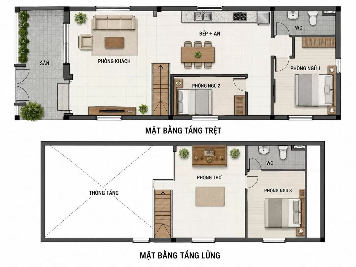 Gợi &yacute; bố tr&iacute; nh&agrave; tầng lửng 3 ph&ograve;ng ngủ với 2 ph&ograve;ng ngủ ở tầng trệt v&agrave; 1 ph&ograve;ng ngủ ở tr&ecirc;n