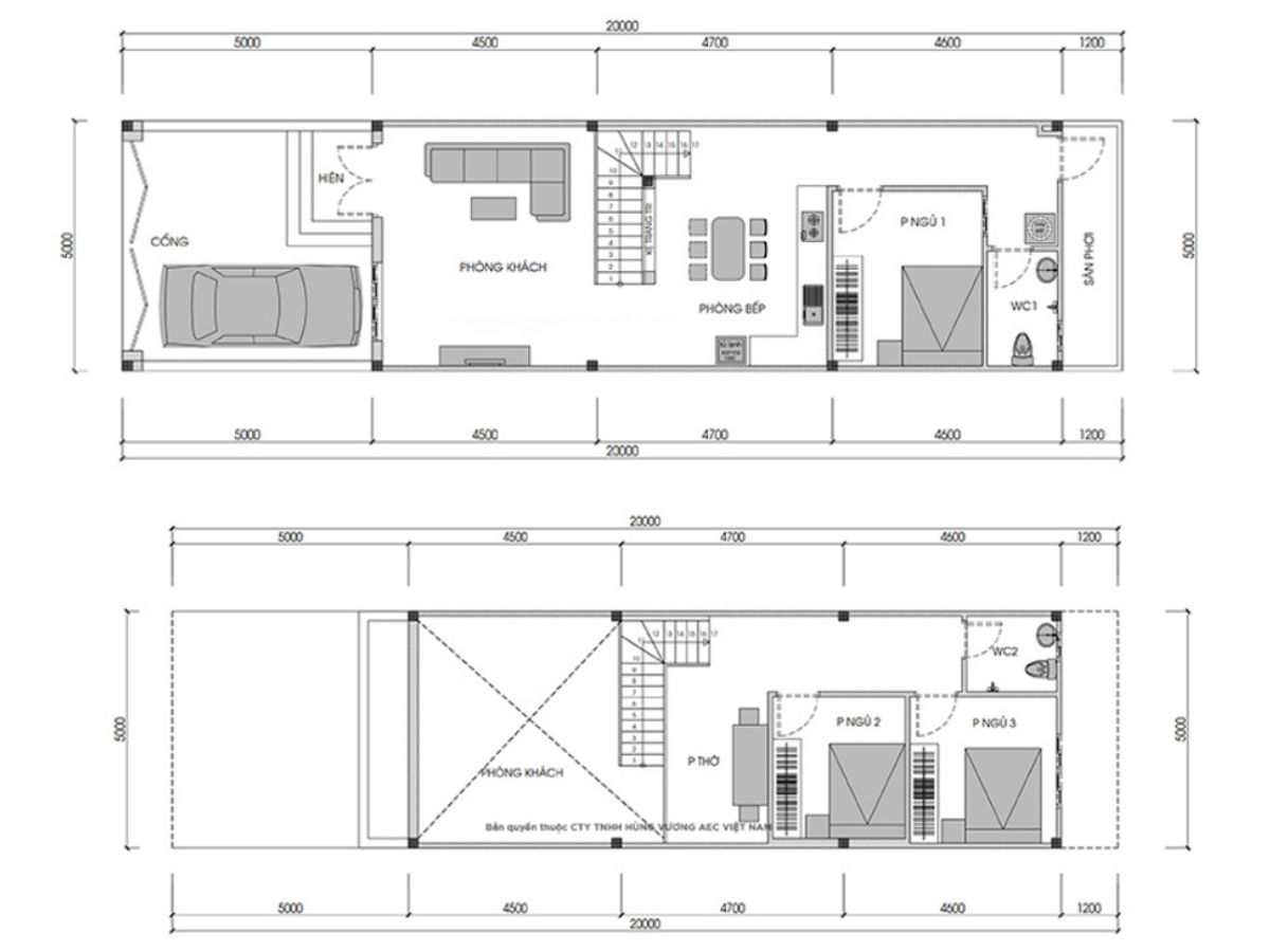 Bản vẽ bố tr&iacute; nh&agrave; c&oacute; tầng lửng 3 ph&ograve;ng ngủ với 1 ph&ograve;ng ngủ ở tầng trệt v&agrave; 2 ph&ograve;ng ngủ ở g&aacute;c lửng