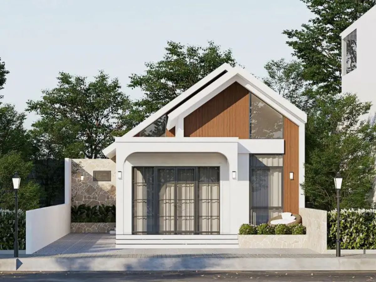 Thiết kế nh&agrave; tầng lửng c&oacute; gam trắng chủ đạo kết hợp cửa k&iacute;nh lớn