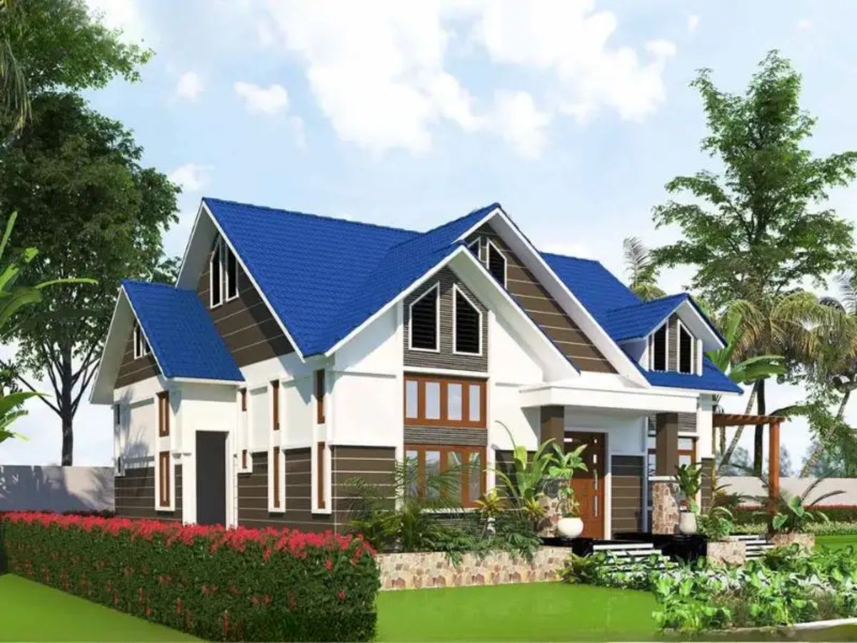 Nh&agrave; tầng lửng m&aacute;i Th&aacute;i kết hợp cửa sổ với m&agrave;u sắc h&agrave;i h&ograve;a