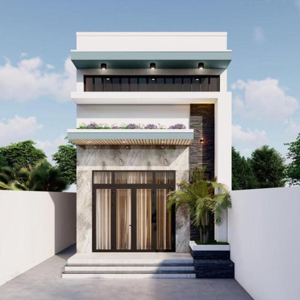 Mẫu nh&agrave; tầng lửng hiện đại kết hợp cửa k&iacute;nh lớn v&agrave; c&acirc;y xanh tạo điểm nhấn nổi bật cho mặt tiền