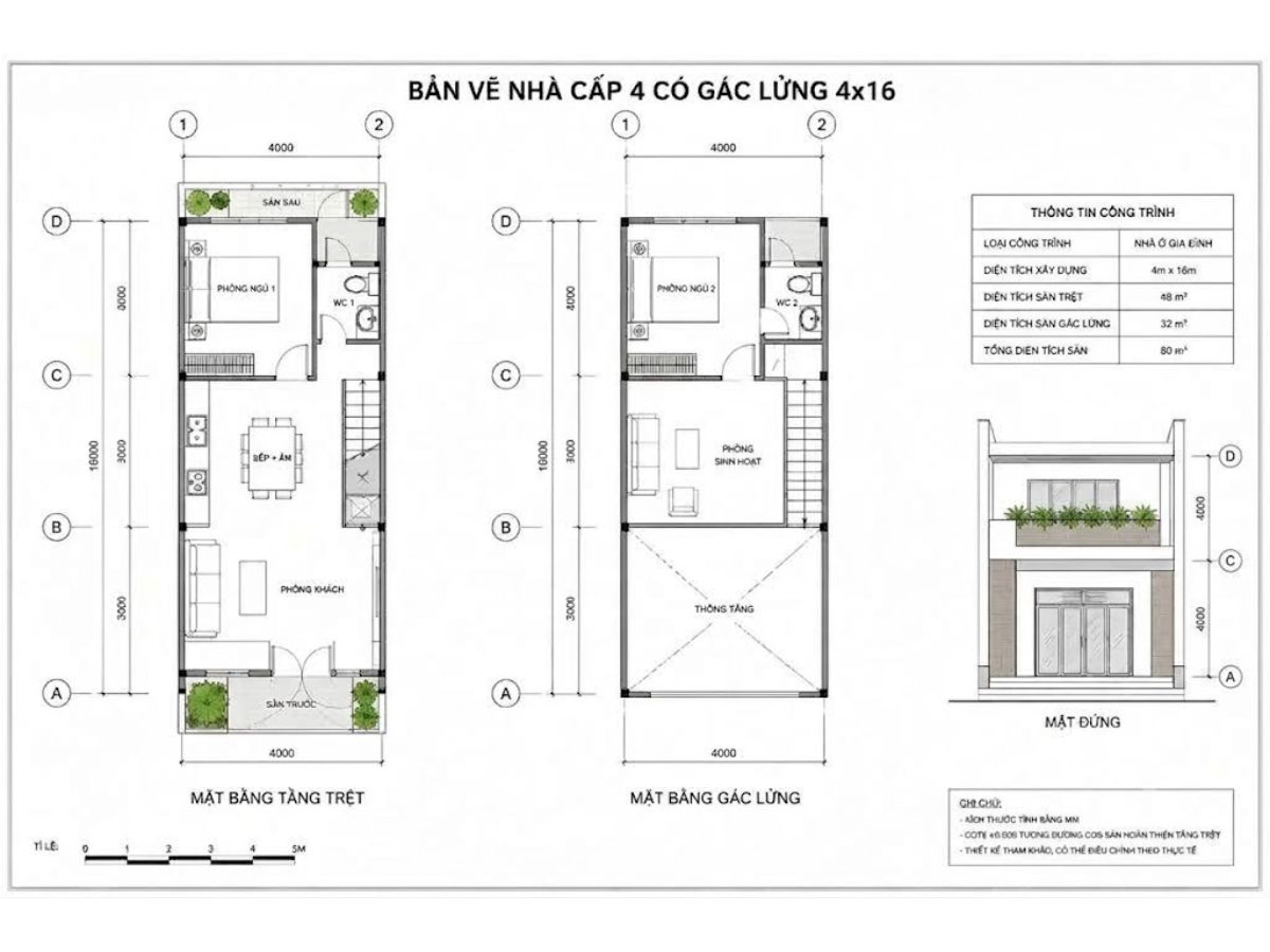 Bản vẽ bố tr&iacute; nh&agrave; ống g&aacute;c lửng 4x16 hợp l&yacute;, khoa học