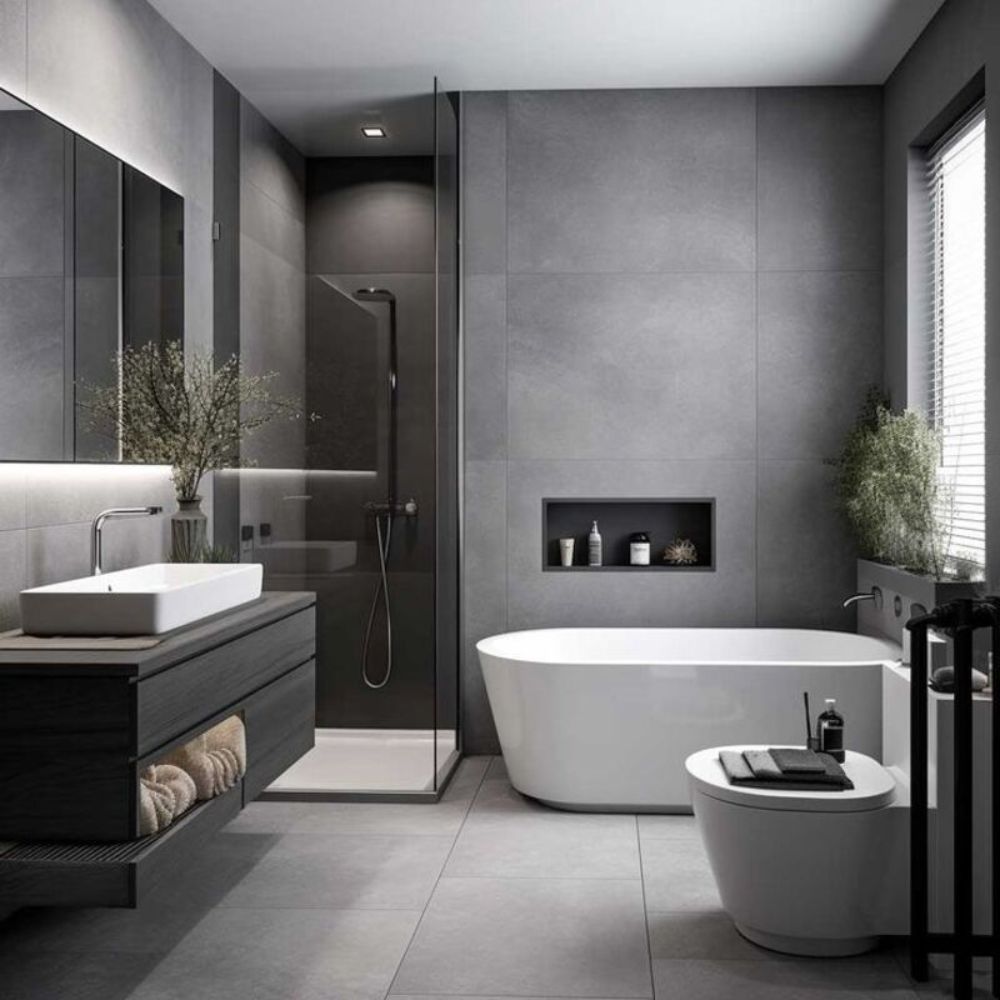 Ph&ograve;ng tắm tone m&agrave;u x&aacute;m đậm kết hợp với c&aacute;c thiết bị vệ sinh m&agrave;u trắng