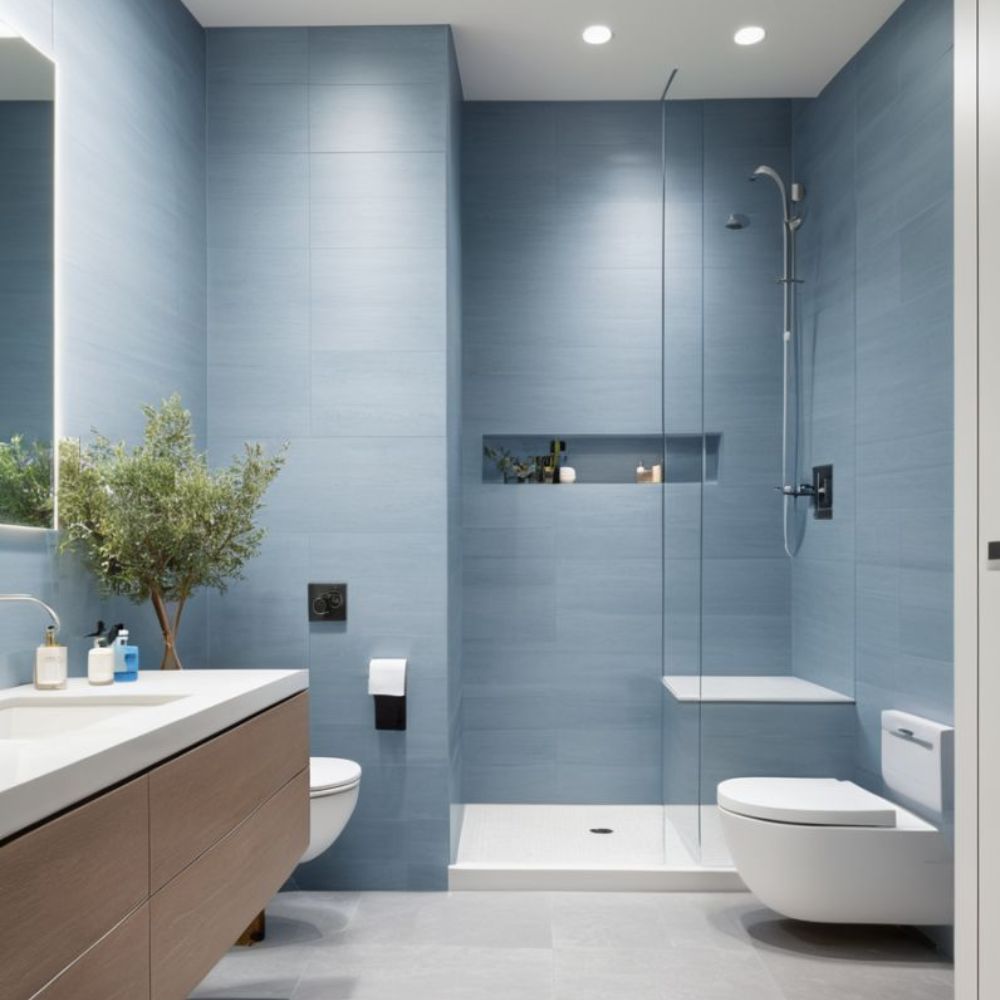 Ph&ograve;ng tắm tone xanh biển được bố tr&iacute; &aacute;nh s&aacute;ng trắng kết hợp với c&aacute;c thiết bị nh&agrave; tắm m&agrave;u trắng