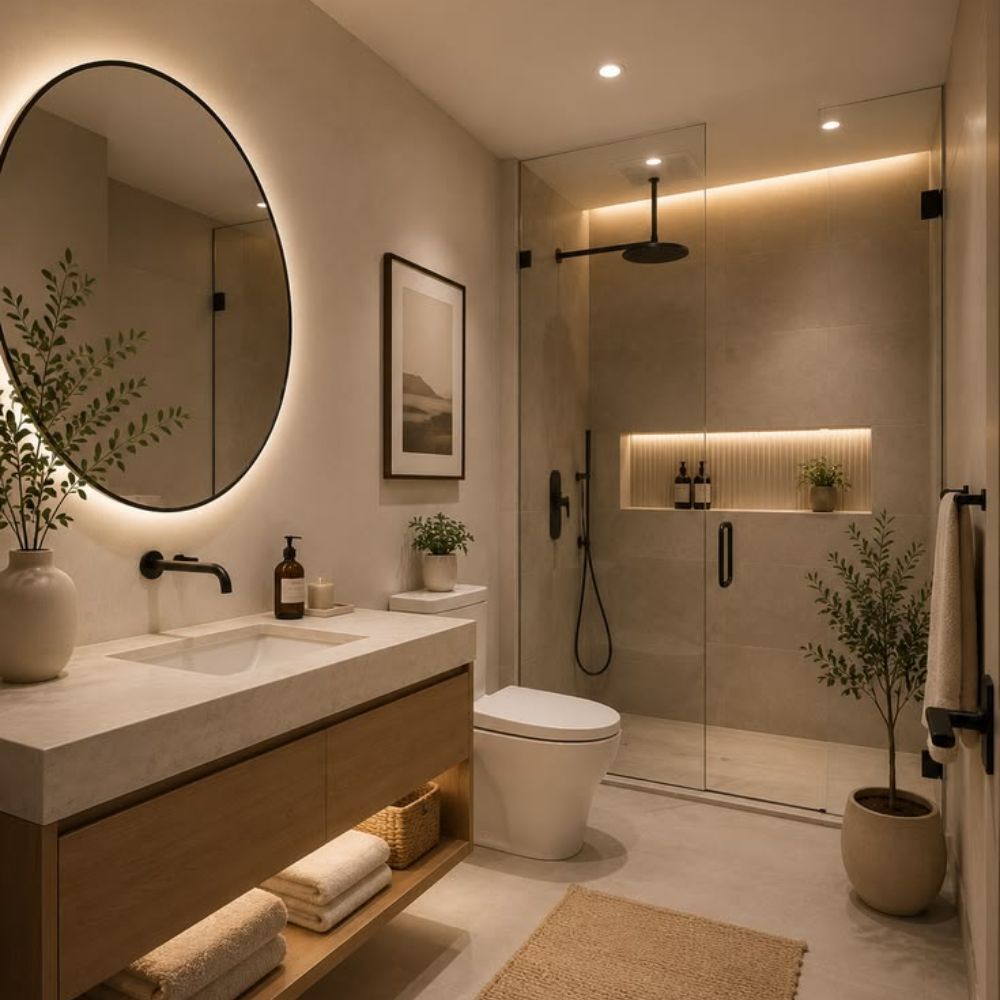 Ph&ograve;ng tắm tone chủ đạo m&agrave;u n&acirc;u gỗ kết hợp c&acirc;y xanh gần gũi thi&ecirc;n nhi&ecirc;n