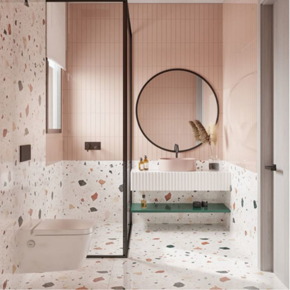 Ph&ograve;ng tắm tone hồng nhẹ nh&agrave;ng, nữ t&iacute;nh