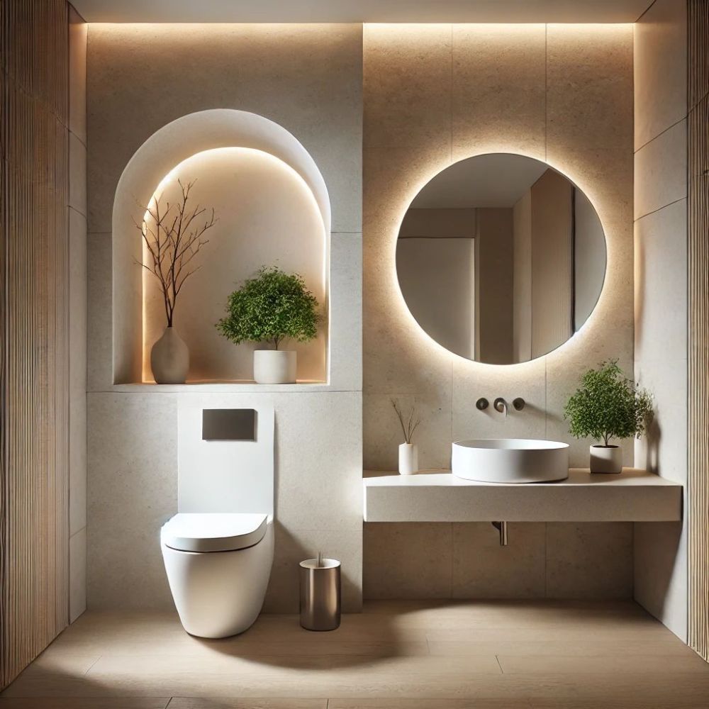 Trang tr&iacute; ph&ograve;ng tắm với một v&agrave;i chậu c&acirc;y xanh nhỏ