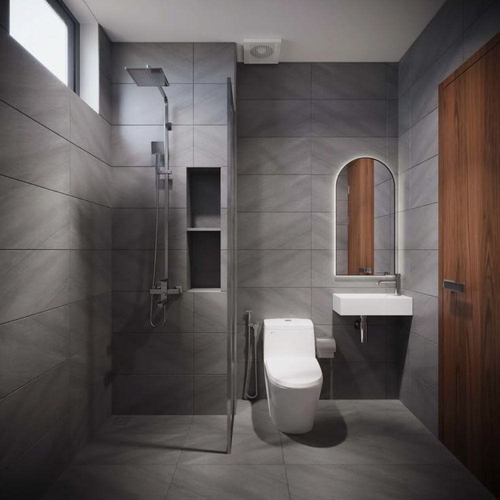 Ph&ograve;ng tắm tone x&aacute;m kết hợp c&aacute;c thiết bị nh&agrave; tắm v&agrave; phụ kiện đen mờ sang trọng