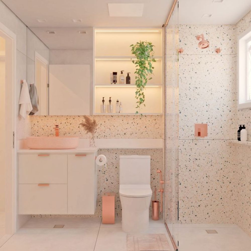 Kết hợp hai m&agrave;u trắng v&agrave; hồng cho ph&ograve;ng tắm tươi s&aacute;ng, trẻ trung