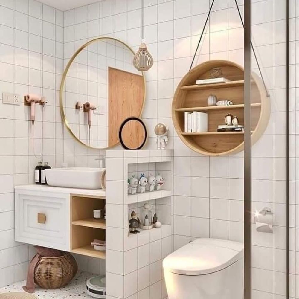 Nh&agrave; tắm t&ocirc;ng trắng chủ đạo với c&aacute;c phụ kiện nhỏ độc đ&aacute;o