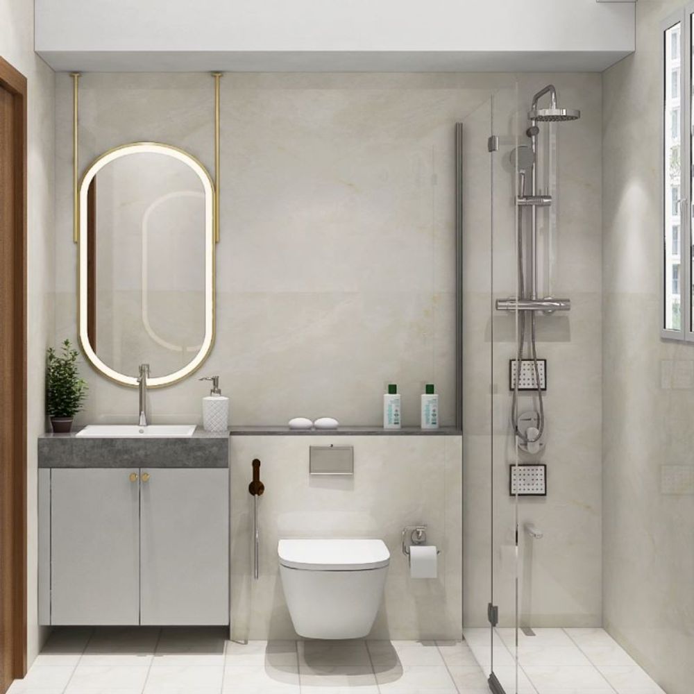 Ph&ograve;ng tắm t&ocirc;ng m&agrave;u x&aacute;m kết hợp thiết bị mạ crom sang trọng
