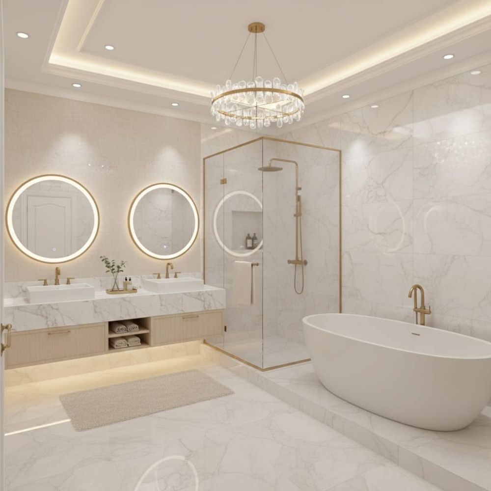 Sử dụng thiết bị mạ v&agrave;ng v&agrave; thiết kế &aacute;nh s&aacute;ng v&agrave;ng cho ph&ograve;ng tắm t&ocirc;ng trắng chủ đạo