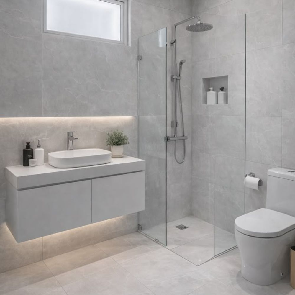 Chọn t&ocirc;ng m&agrave;u chủ đạo x&aacute;m nhạt v&agrave; bố tr&iacute; cửa sổ cho ph&ograve;ng tắm nhỏ