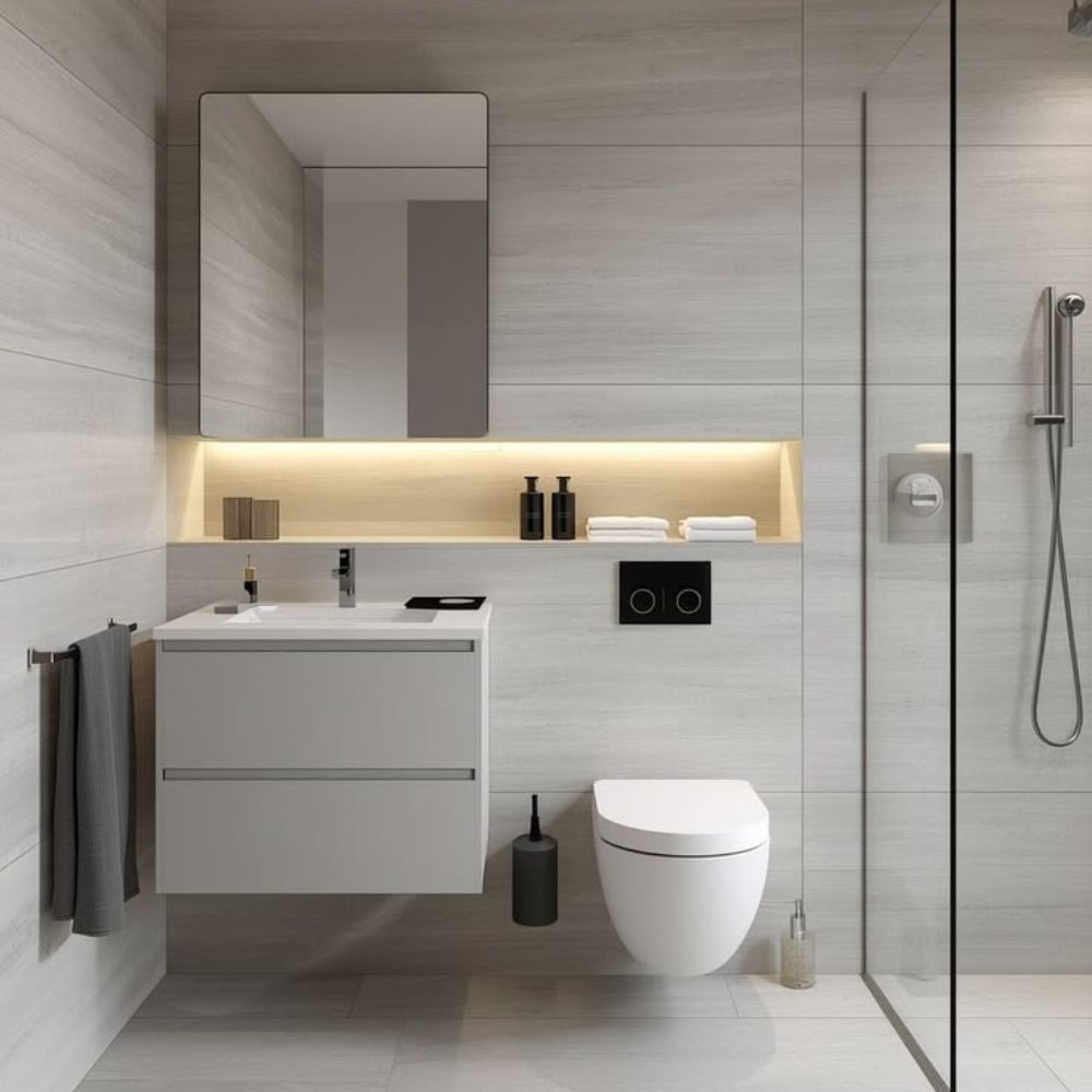 Tạo điểm nhấn tinh tế cho ph&ograve;ng tắm t&ocirc;ng x&aacute;m s&aacute;ng với &aacute;nh đ&egrave;n v&agrave;ng từ hốc &acirc;m tường