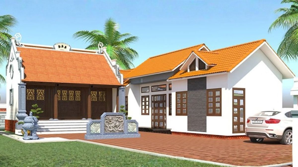 Nh&agrave; 3 gian chữ L kết hợp m&aacute;i ng&oacute;i, s&acirc;n gạch đỏ truyền thống với một gian thờ c&uacute;ng
