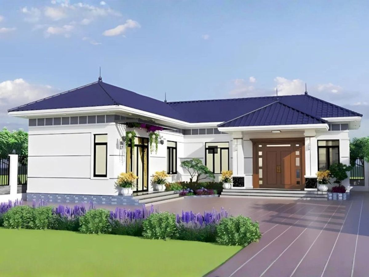 Nh&agrave; chữ L m&aacute;i Nhật 1 tầng c&oacute; khoảng s&acirc;n vườn xanh v&agrave; hoa cỏ đẹp mắt