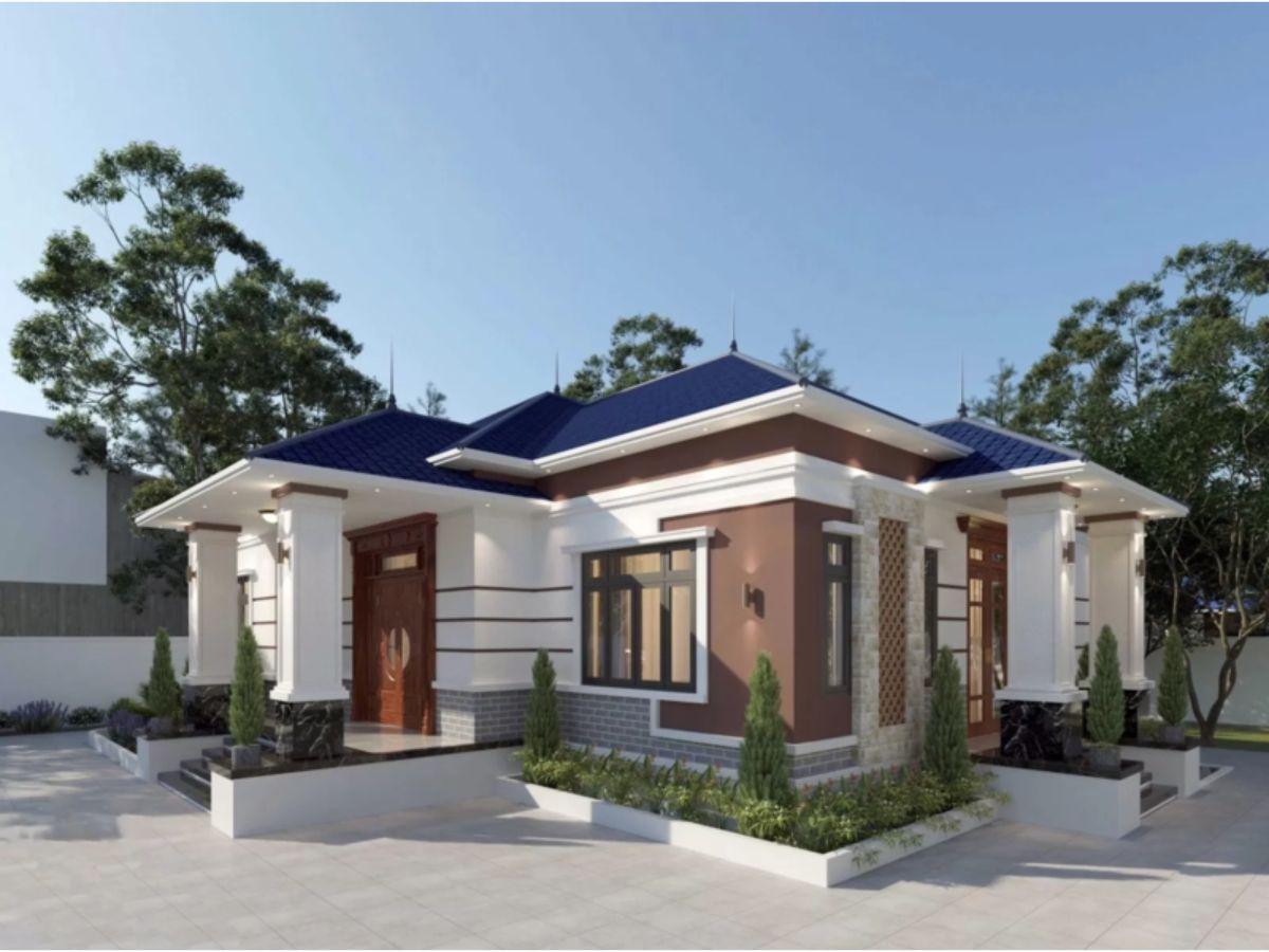 Mẫu nh&agrave; chữ L tối giản, hiện đại với gam trắng - n&acirc;u thanh lịch