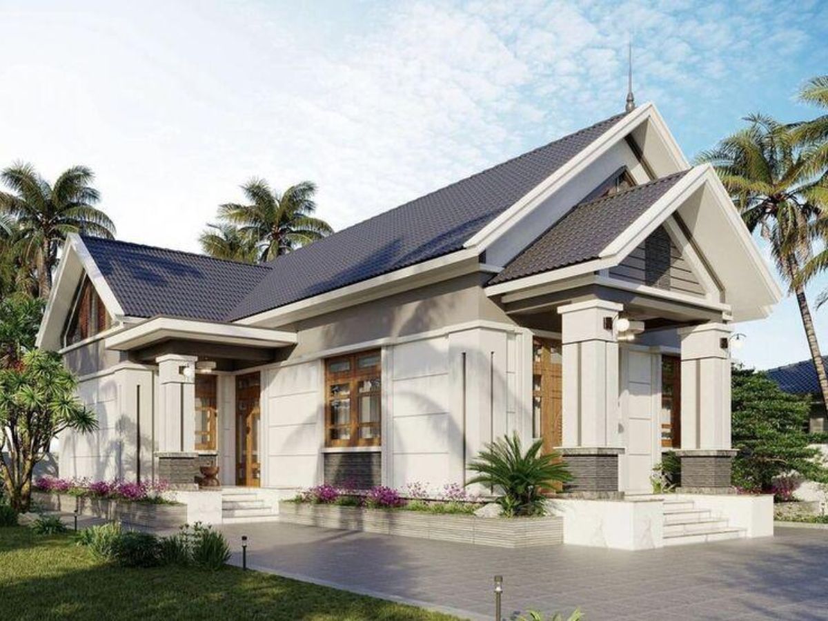 Bố tr&iacute; s&acirc;n vườn xanh xung quanh nh&agrave; m&aacute;i Th&aacute;i 1 tầng chữ L