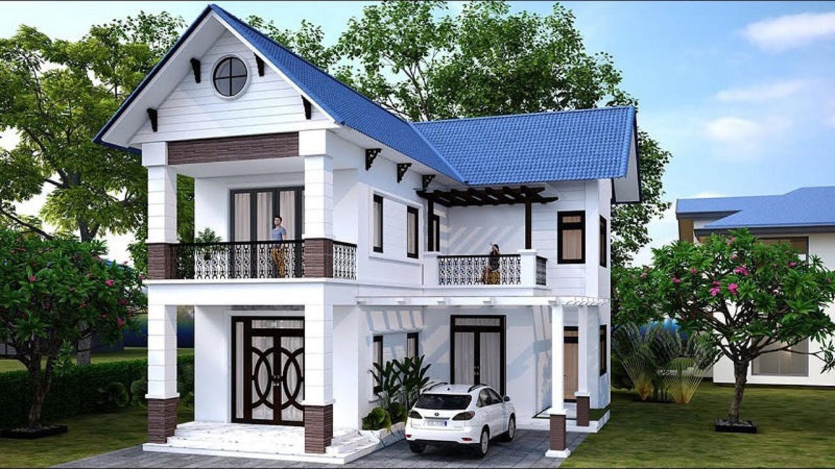 Nh&agrave; 2 tầng chữ L m&aacute;i Th&aacute;i c&oacute; chỗ để xe v&agrave; khoảng s&acirc;n trồng c&acirc;y xanh m&aacute;t