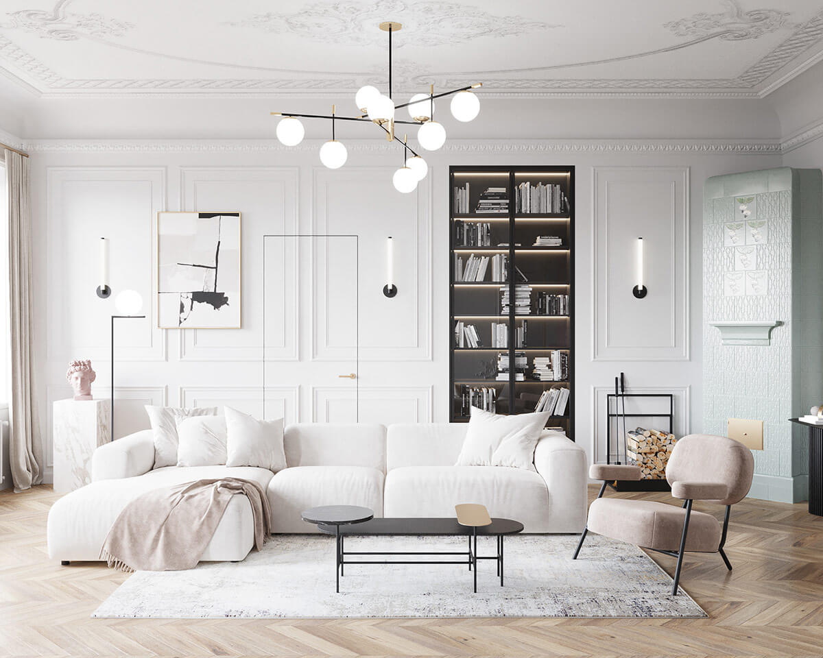 Tone phòng khách màu tráng cùng đèn trần tuyệt đẹp