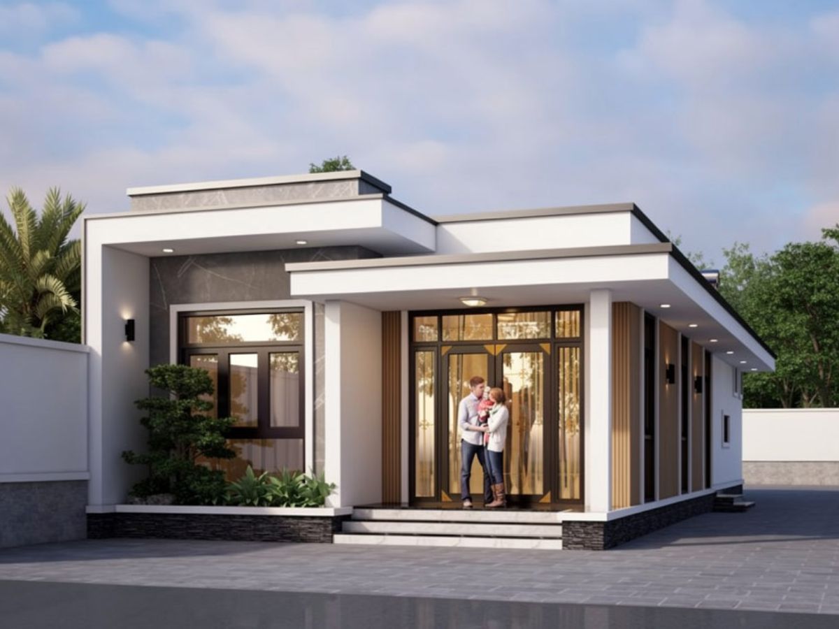 Nh&agrave; 8x12 1 tầng m&aacute;i bằng sử dụng cửa k&iacute;nh lớn v&agrave; được trang tr&iacute; th&ecirc;m c&acirc;y xanh