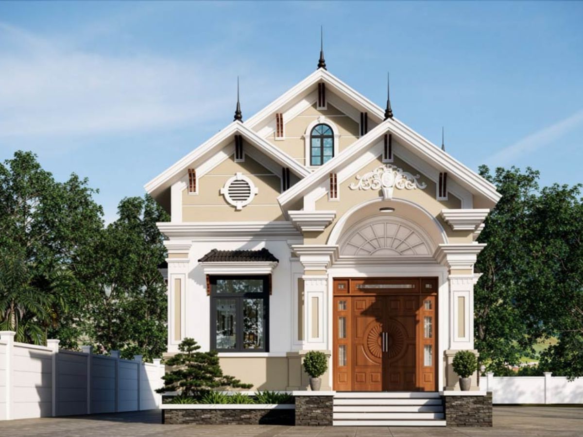 Mẫu nh&agrave; 8x12 1 tầng m&aacute;i Th&aacute;i sang trọng với đường ph&agrave;o chỉ nổi bật