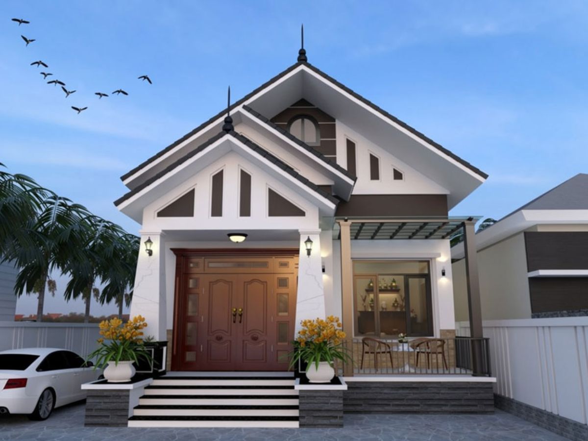 Mặt tường nh&agrave; 8x12 1 tầng m&aacute;i Th&aacute;i bắt mắt với hệ cột nh&agrave; độc đ&aacute;o