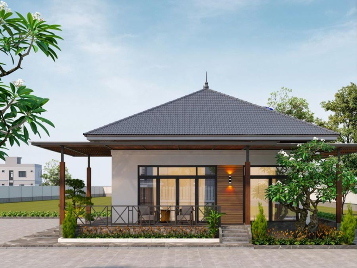 Sử dụng cửa k&iacute;nh lớn cho nh&agrave; 1 tầng 8x12 để dễ d&agrave;ng kết nối với thi&ecirc;n nhi&ecirc;n