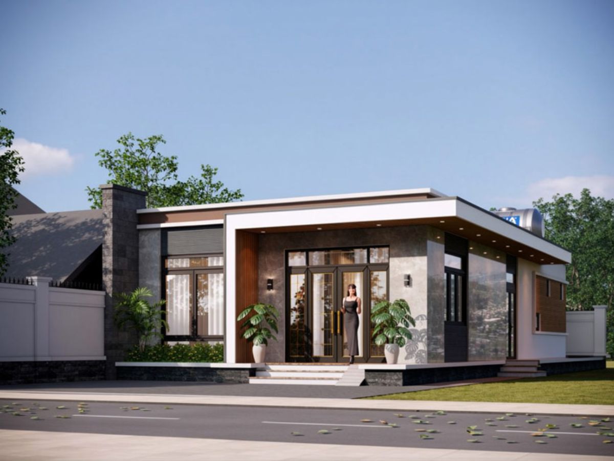 Thiết kế nh&agrave; 1 tầng 8x12 tối giản sử dụng cửa k&iacute;nh v&agrave; chậu c&acirc;y xanh tạo điểm nhấn bắt mắt