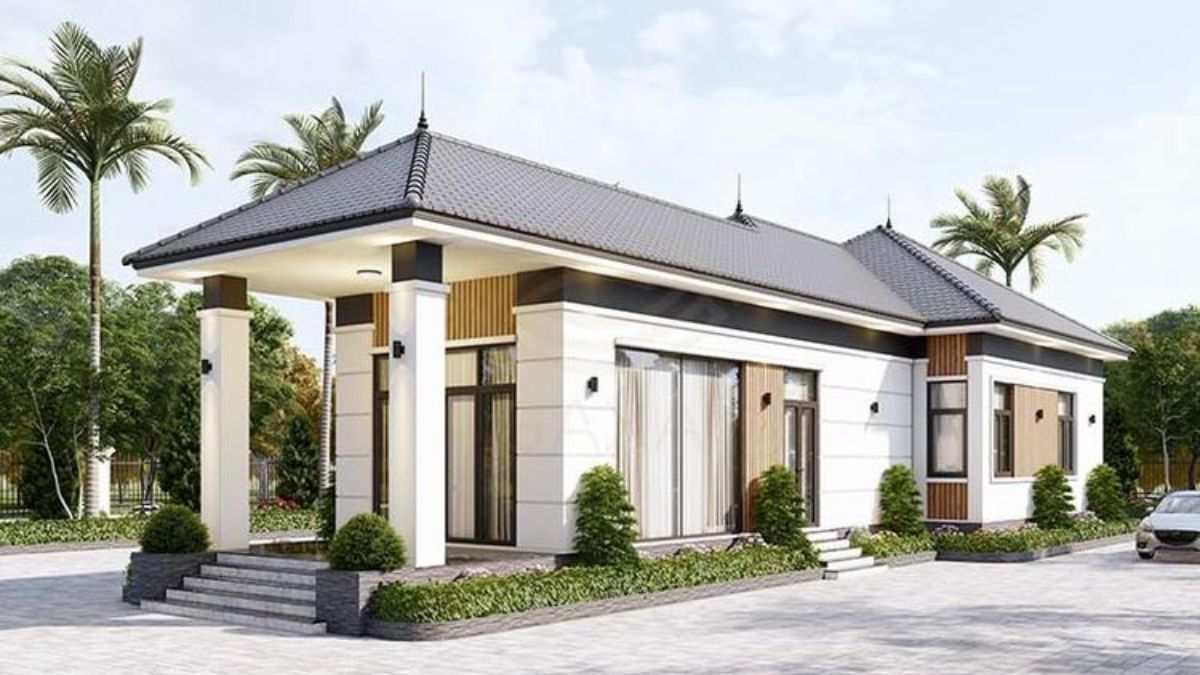 Mẫu nh&agrave; cấp 4 đẹp 100m2 3 ph&ograve;ng ngủ rộng r&atilde;i, th&ocirc;ng tho&aacute;ng với cửa k&iacute;nh lớn