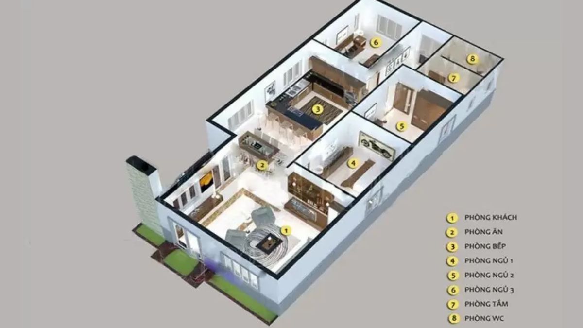 Bản vẽ mẫu nh&agrave; cấp 4 3 ph&ograve;ng ngủ tiện nghi được bố tr&iacute; khoa học