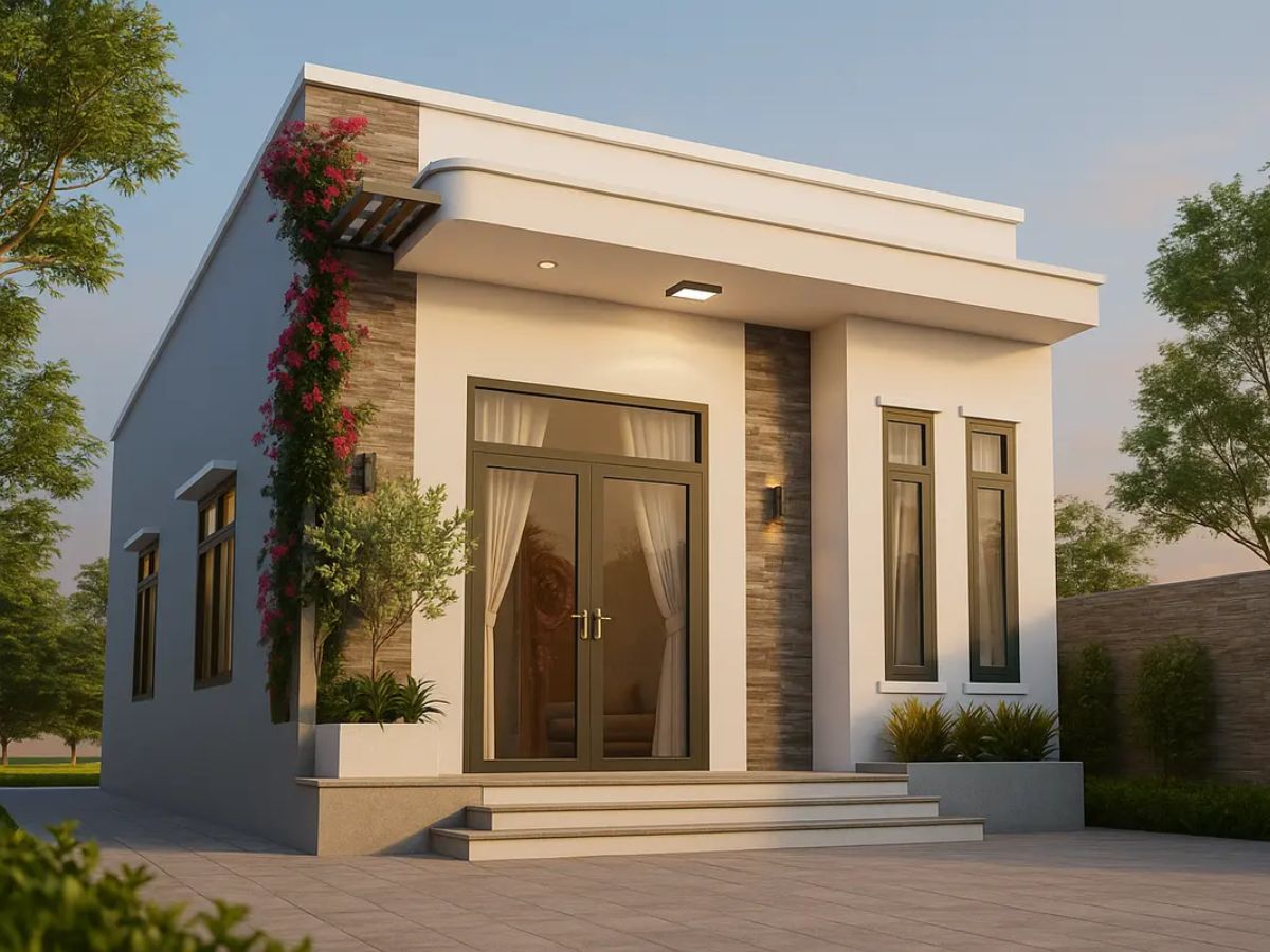 Thiết kế nh&agrave; cấp 4 3 ph&ograve;ng ngủ hiện đại với tone trắng thanh lịch