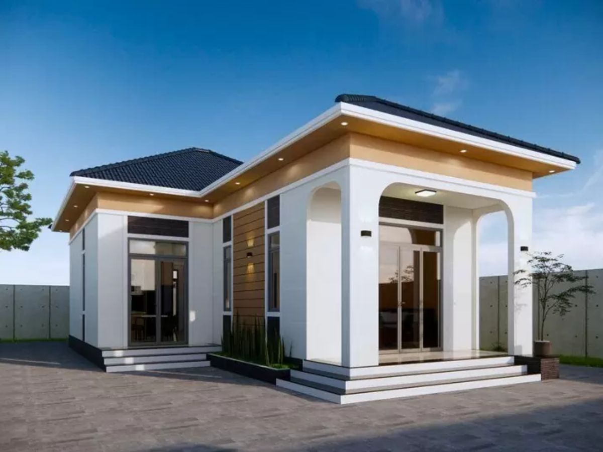 Thiết kế nh&agrave; cấp 4 3 ph&ograve;ng ngủ chữ L đẹp kết hợp cửa k&iacute;nh lớn