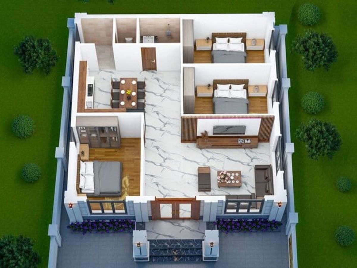 Gợi &yacute; bố tr&iacute; c&aacute;c ph&ograve;ng chức năng cho mẫu nh&agrave; cấp 4 3 ph&ograve;ng ngủ h&igrave;nh vu&ocirc;ng một c&aacute;ch khoa học