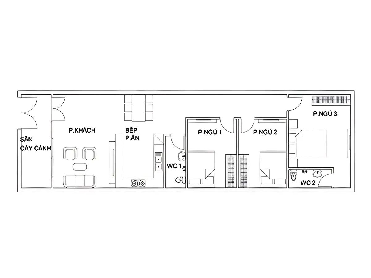 Bản vẽ thiết kế nh&agrave; ống cấp 4 3 ph&ograve;ng ngủ
