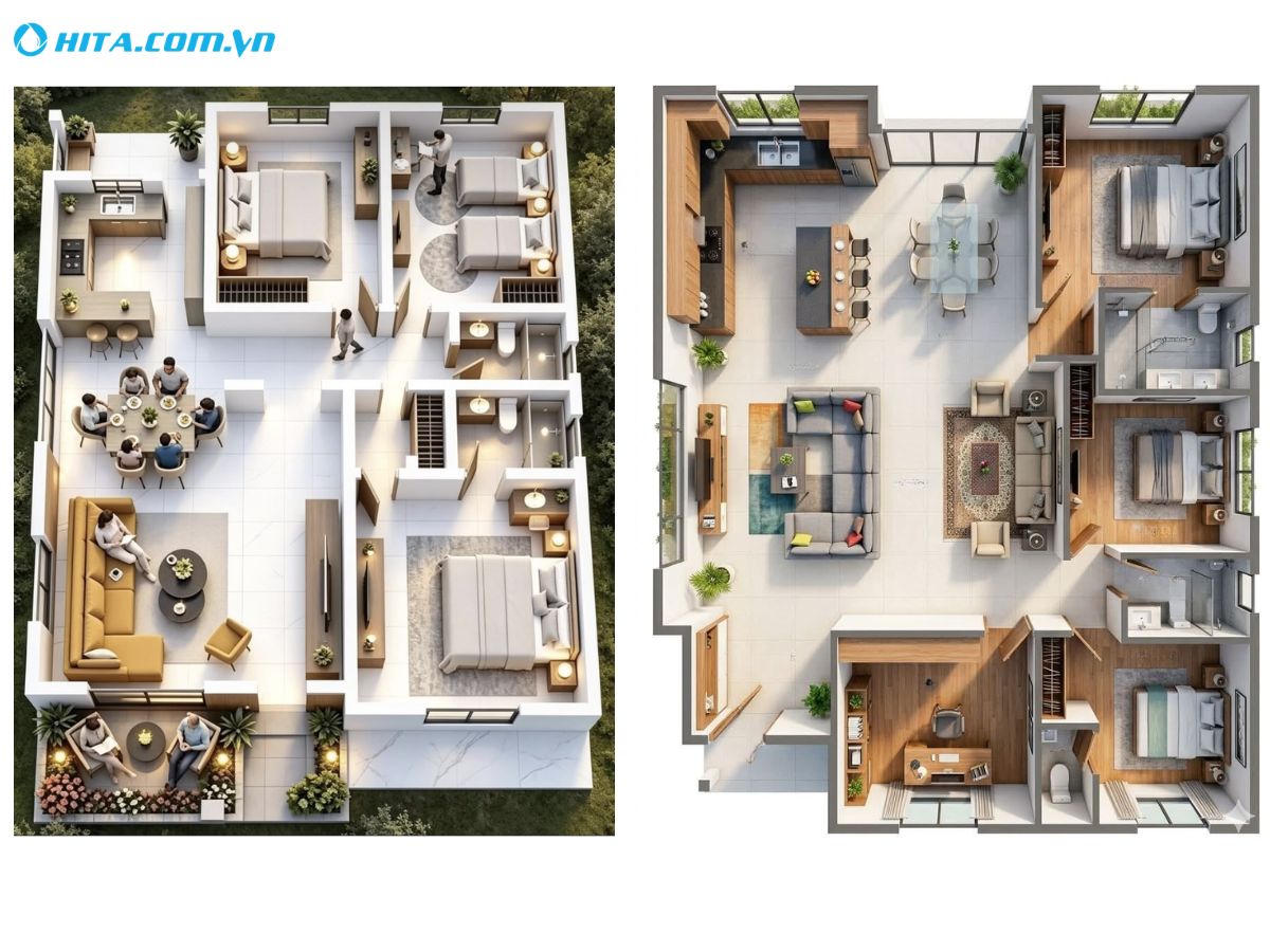 Bố tr&iacute; 3 ph&ograve;ng ngủ đối xứng quanh kh&ocirc;ng gian sinh hoạt chung 2