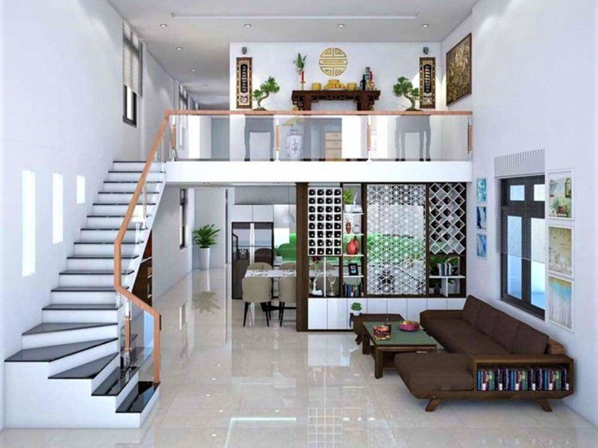 Sử dụng g&aacute;c lửng l&agrave;m 2 ph&ograve;ng ngủ v&agrave; một ph&ograve;ng thờ nhỏ