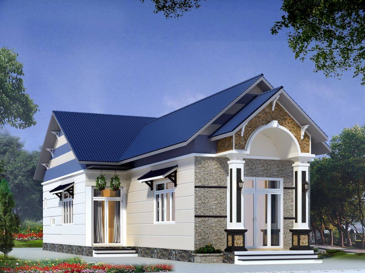 Mẫu nh&agrave; cấp 4 3 ph&ograve;ng ngủ m&aacute;i Th&aacute;i tone trung t&iacute;nh c&oacute; m&aacute;i t&ocirc;n m&agrave;u xanh cổ điển, kết hợp phần m&aacute;i hi&ecirc;n lạ mắt, sang trọng