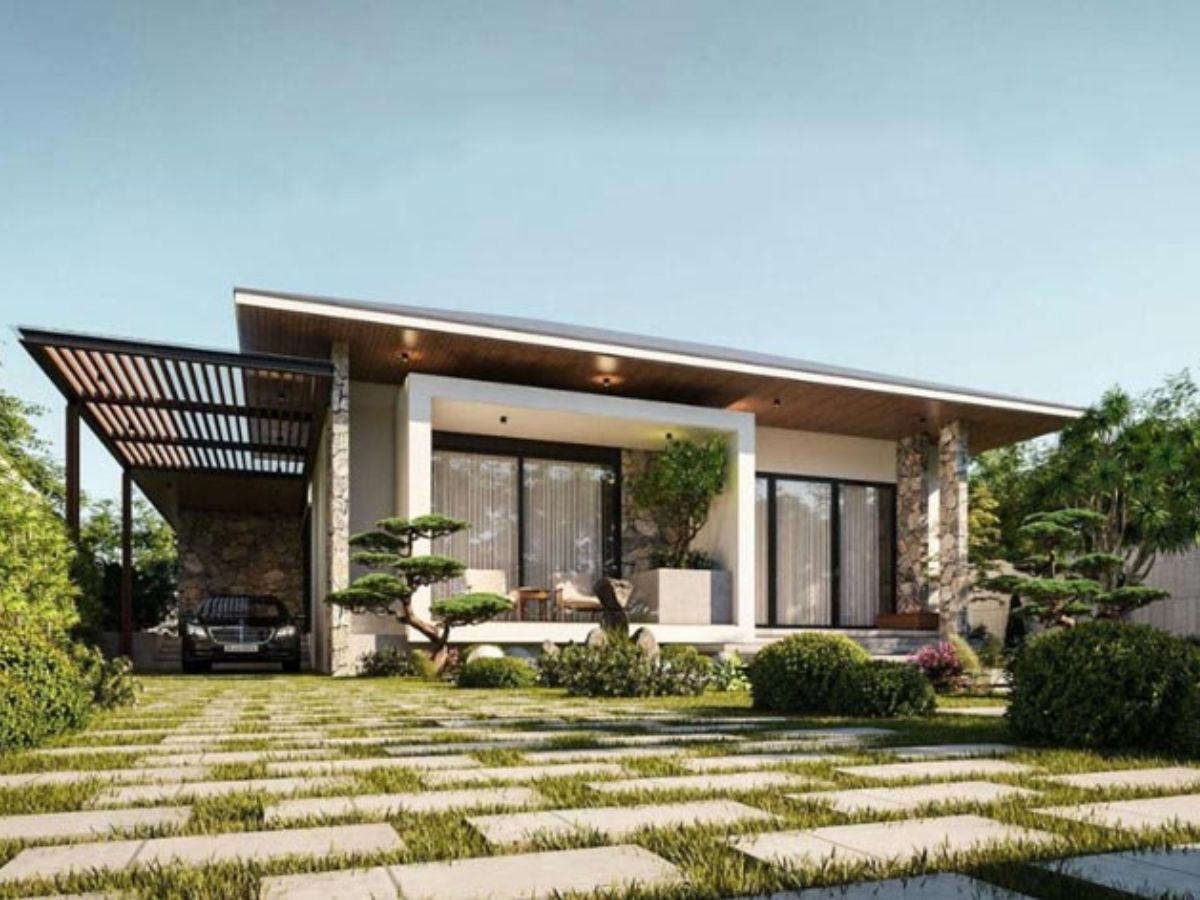 Mẫu nh&agrave; vu&ocirc;ng 1 tầng 80m2 kết hợp s&acirc;n vườn rộng r&atilde;i, xanh m&aacute;t